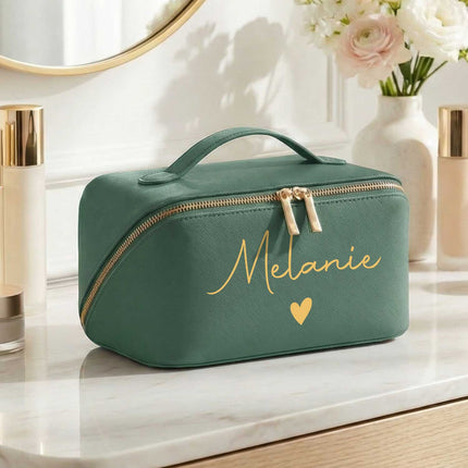 SEO. Personalisierte eckige Kosmetiktasche mit Name für Kosmetik & MakeUp - Sage Green Linkreich