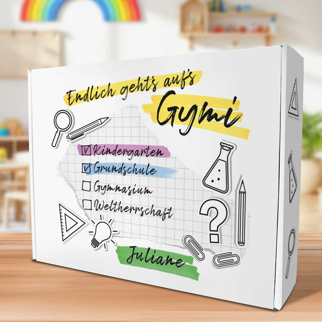 SEO. Personalisierte Geschenkbox - Endlich gehts aufs Gymi - Einschulung - Linkreich