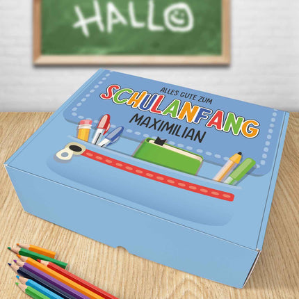 SEO. Personalisierte Geschenkbox - Schulranzen - Einschulung - Blau Linkreich