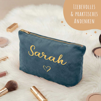 SEO. Personalisierte Samt Kosmetiktasche mit Name für Kosmetik & MakeUp - Blue Topaz Linkreich