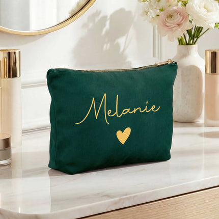 SEO. Personalisierte Samt Kosmetiktasche mit Name für Kosmetik & MakeUp - Dark Emerald Linkreich