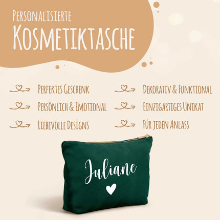 SEO. Personalisierte Samt Kosmetiktasche mit Name für Kosmetik & MakeUp - Dark Emerald Linkreich