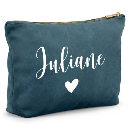 SEO. Personalisierte Samt Kosmetiktasche mit Name für Kosmetik & MakeUp - Blue Topaz Linkreich