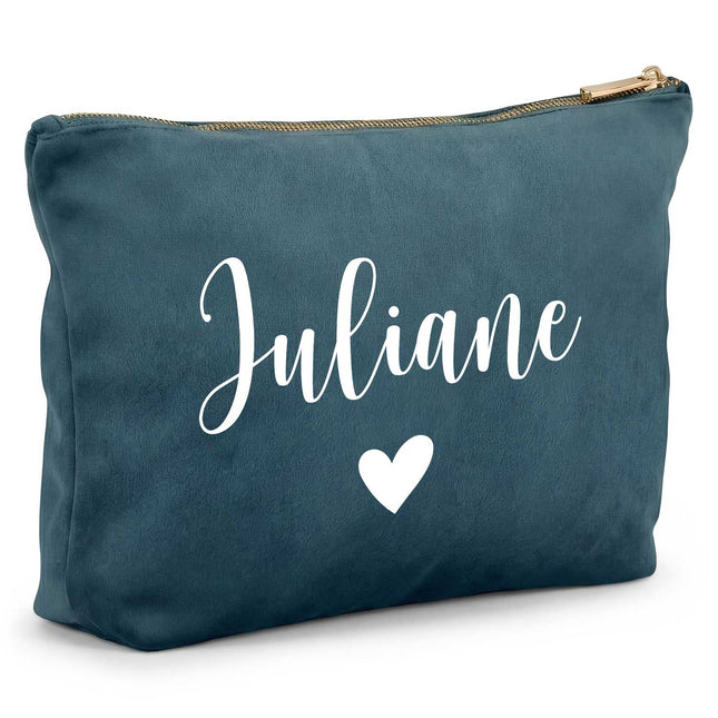 SEO. Personalisierte Samt Kosmetiktasche mit Name für Kosmetik & MakeUp - Blue Topaz Linkreich