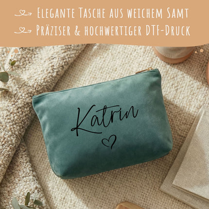 SEO. Personalisierte Samt Kosmetiktasche mit Name für Kosmetik & MakeUp - Jade Linkreich