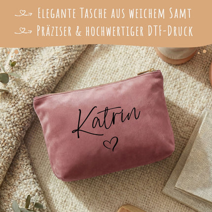SEO. Personalisierte Samt Kosmetiktasche mit Name für Kosmetik & MakeUp - Rose Quartz Linkreich