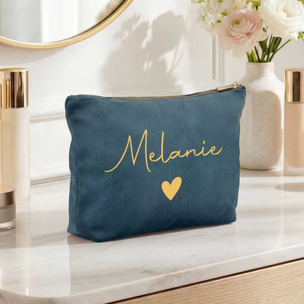 SEO. Personalisierte Samt Kosmetiktasche mit Name für Kosmetik & MakeUp - Blue Topaz Linkreich