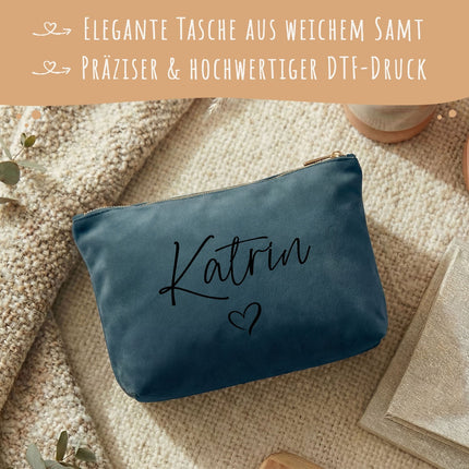SEO. Personalisierte Samt Kosmetiktasche mit Name für Kosmetik & MakeUp - Blue Topaz Linkreich
