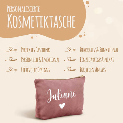 SEO. Personalisierte Samt Kosmetiktasche mit Name für Kosmetik & MakeUp - Rose Quartz Linkreich
