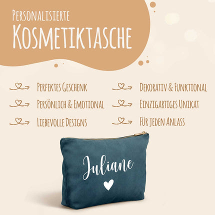 SEO. Personalisierte Samt Kosmetiktasche mit Name für Kosmetik & MakeUp - Blue Topaz Linkreich