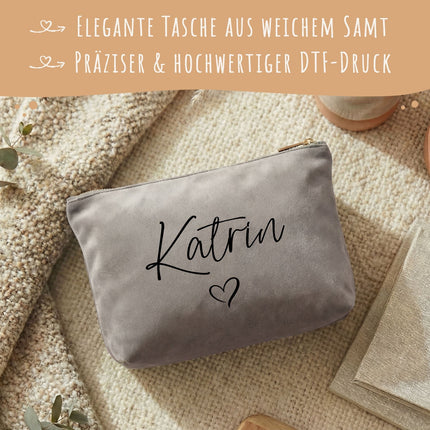 SEO. Personalisierte Samt Kosmetiktasche mit Name für Kosmetik & MakeUp - Moonstone Linkreich