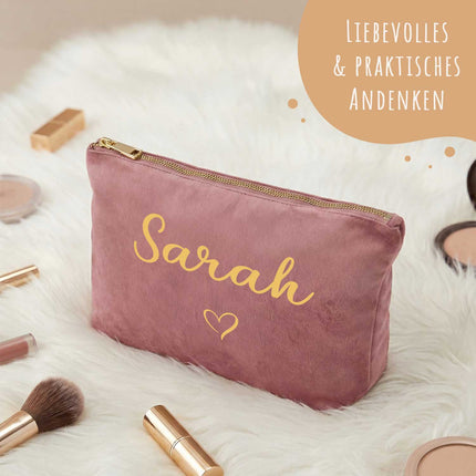 SEO. Personalisierte Samt Kosmetiktasche mit Name für Kosmetik & MakeUp - Rose Quartz Linkreich