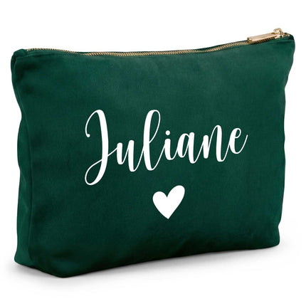 SEO. Personalisierte Samt Kosmetiktasche mit Name für Kosmetik & MakeUp - Dark Emerald Linkreich