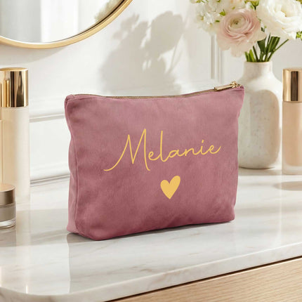 SEO. Personalisierte Samt Kosmetiktasche mit Name für Kosmetik & MakeUp - Blue Topaz Linkreich