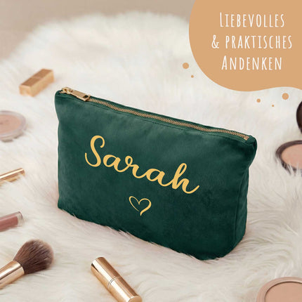 SEO. Personalisierte Samt Kosmetiktasche mit Name für Kosmetik & MakeUp - Dark Emerald Linkreich