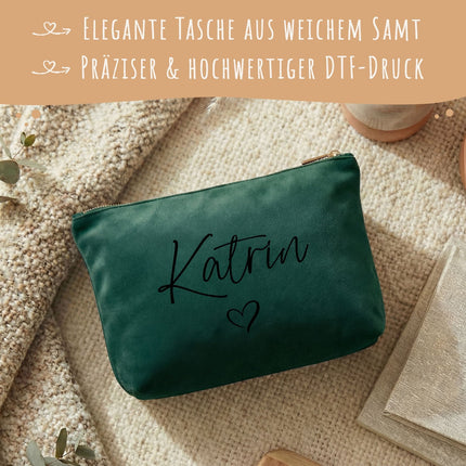 SEO. Personalisierte Samt Kosmetiktasche mit Name für Kosmetik & MakeUp - Dark Emerald Linkreich