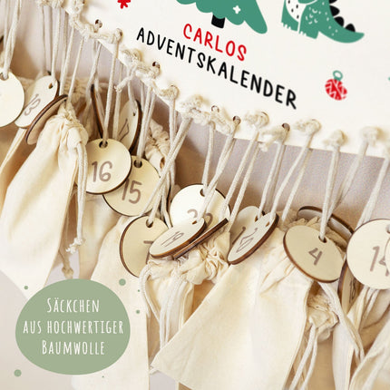 SEO. Personalisierter Adventskalender aus Holz mit Druckmotiv & Namen - Dinos - Linkreich