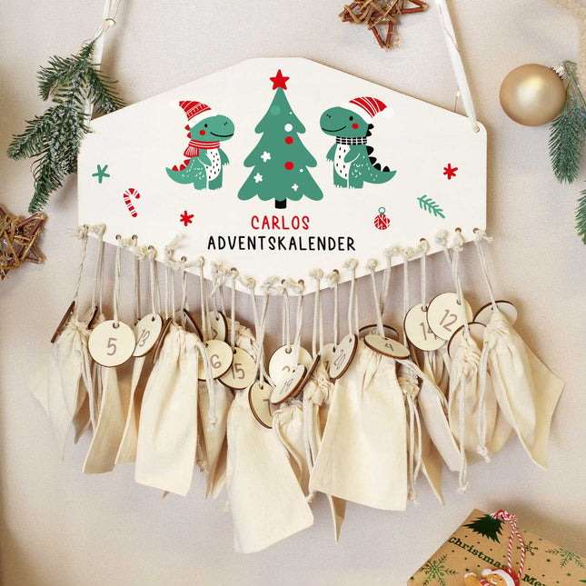 SEO. Personalisierter Adventskalender aus Holz mit Druckmotiv & Namen - Dinos - Linkreich