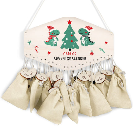 SEO. Personalisierter Adventskalender aus Holz mit Druckmotiv & Namen - Dinos - Linkreich