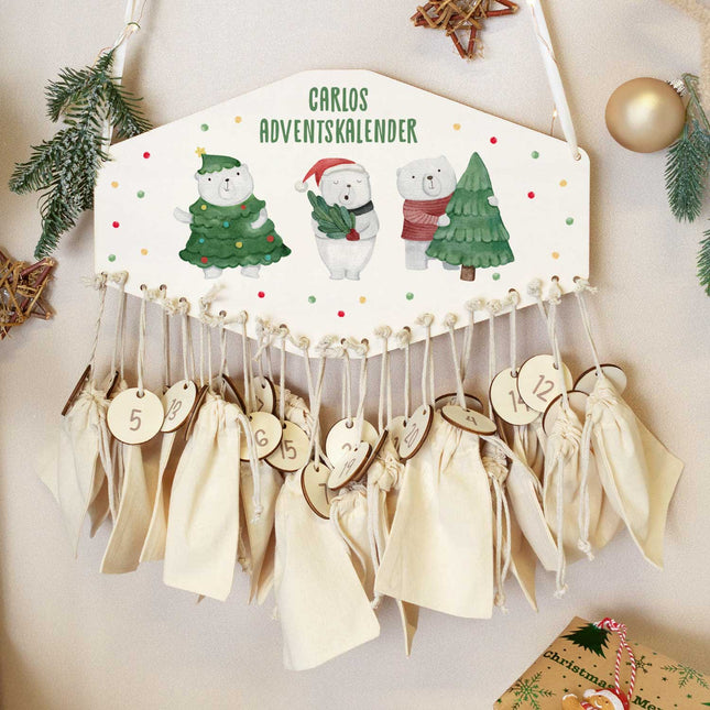 SEO. Personalisierter Adventskalender aus Holz mit Druckmotiv & Namen - Eisbären - Linkreich