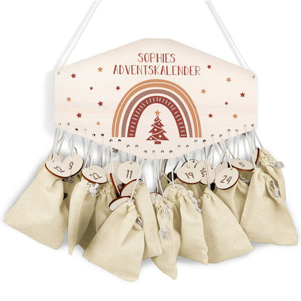 SEO. Personalisierter Adventskalender aus Holz mit Druckmotiv & Namen - Regenbogen - Rot Linkreich