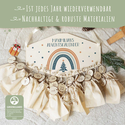 SEO. Personalisierter Adventskalender aus Holz mit Druckmotiv & Namen - Regenbogen - Blau Linkreich