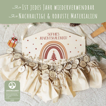 SEO. Personalisierter Adventskalender aus Holz mit Druckmotiv & Namen - Regenbogen - Rot Linkreich