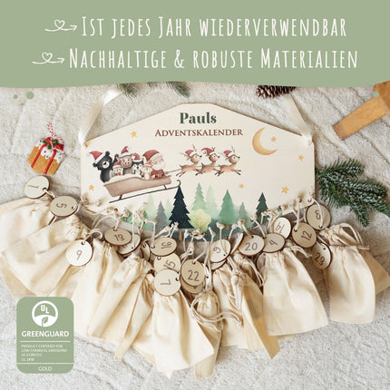 SEO. Personalisierter Adventskalender aus Holz mit Druckmotiv & Namen - Schlitten - Linkreich