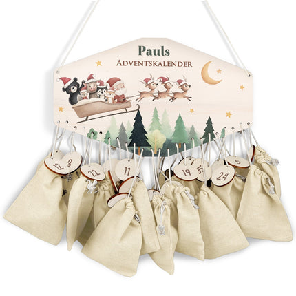 SEO. Personalisierter Adventskalender aus Holz mit Druckmotiv & Namen - Schlitten - Linkreich