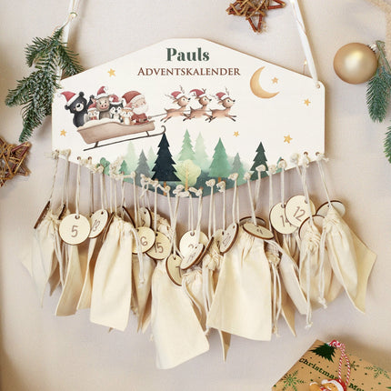SEO. Personalisierter Adventskalender aus Holz mit Druckmotiv & Namen - Schlitten - Linkreich