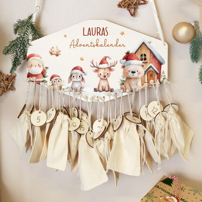 SEO. Personalisierter Adventskalender aus Holz mit Druckmotiv & Namen - Schneetiere - Linkreich