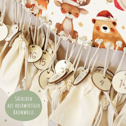 SEO. Personalisierter Adventskalender aus Holz mit Druckmotiv & Namen - Waldtiere Mütze - Linkreich