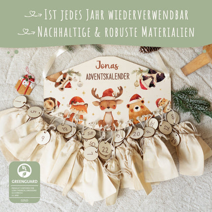 SEO. Personalisierter Adventskalender aus Holz mit Druckmotiv & Namen - Waldtiere Mütze - Linkreich