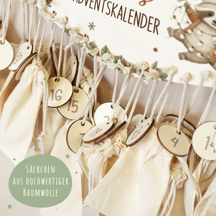 SEO. Personalisierter Adventskalender aus Holz mit Druckmotiv & Namen - Waschbären - Linkreich