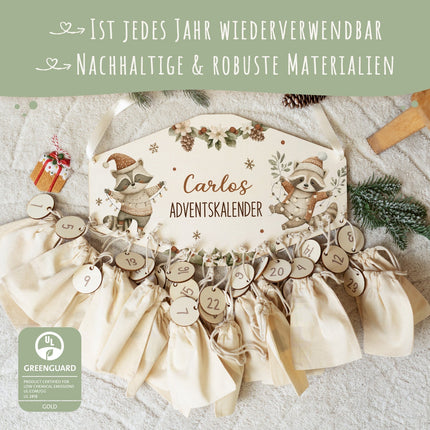 SEO. Personalisierter Adventskalender aus Holz mit Druckmotiv & Namen - Waschbären - Linkreich