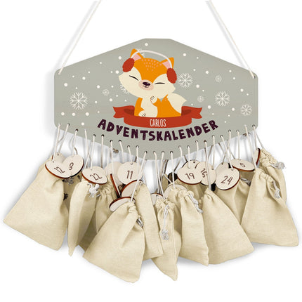 SEO. Personalisierter Adventskalender aus Holz mit Druckmotiv & Namen - Wintertiere - Fuchs Linkreich