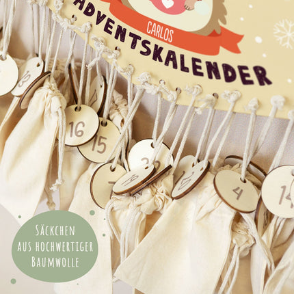 SEO. Personalisierter Adventskalender aus Holz mit Druckmotiv & Namen - Wintertiere - Igel Linkreich