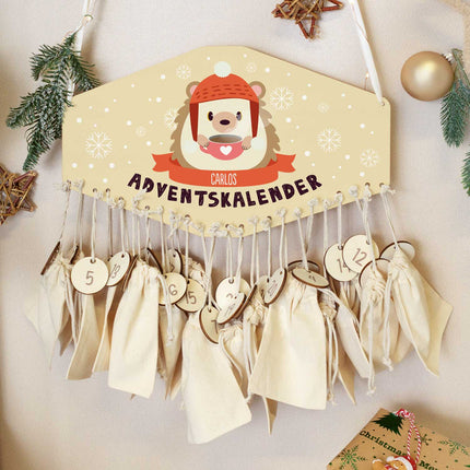 SEO. Personalisierter Adventskalender aus Holz mit Druckmotiv & Namen - Wintertiere - Fuchs Linkreich