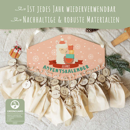 SEO. Personalisierter Adventskalender aus Holz mit Druckmotiv & Namen - Wintertiere - Lama Linkreich