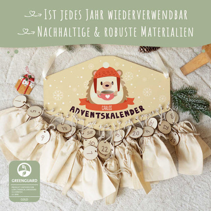 SEO. Personalisierter Adventskalender aus Holz mit Druckmotiv & Namen - Wintertiere - Igel Linkreich