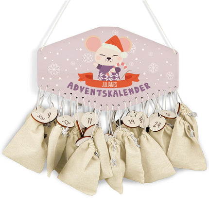 SEO. Personalisierter Adventskalender aus Holz mit Druckmotiv & Namen - Wintertiere - Maus Linkreich