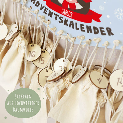 SEO. Personalisierter Adventskalender aus Holz mit Druckmotiv & Namen - Wintertiere - Pinguin Linkreich