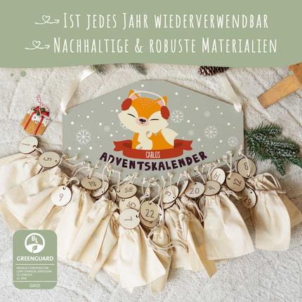 SEO. Personalisierter Adventskalender aus Holz mit Druckmotiv & Namen - Wintertiere - Fuchs Linkreich