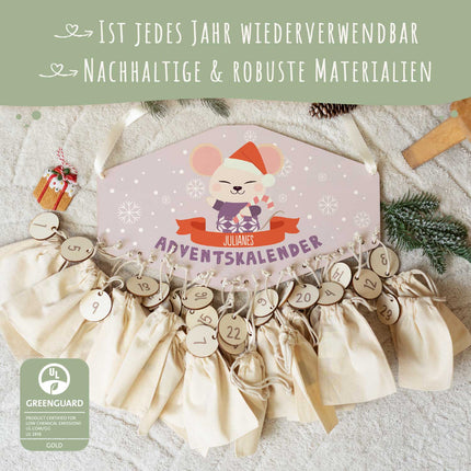SEO. Personalisierter Adventskalender aus Holz mit Druckmotiv & Namen - Wintertiere - Maus Linkreich
