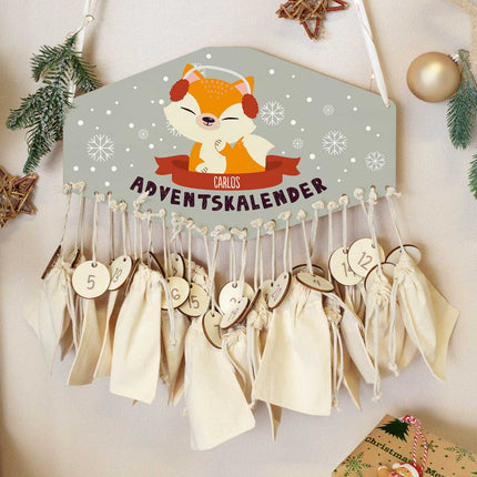 SEO. Personalisierter Adventskalender aus Holz mit Druckmotiv & Namen - Wintertiere - Fuchs Linkreich