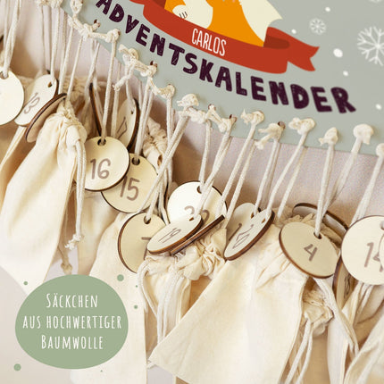 SEO. Personalisierter Adventskalender aus Holz mit Druckmotiv & Namen - Wintertiere - Fuchs Linkreich