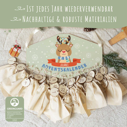 SEO. Personalisierter Adventskalender aus Holz mit Druckmotiv & Namen - Wintertiere - Reh Linkreich