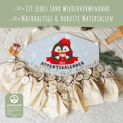 SEO. Personalisierter Adventskalender aus Holz mit Druckmotiv & Namen - Wintertiere - Pinguin Linkreich