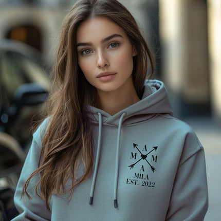 SEO. Personalisierter Hoodie für Frauen - MAMA EST. Kreuzpfeile - Pink Linkreich