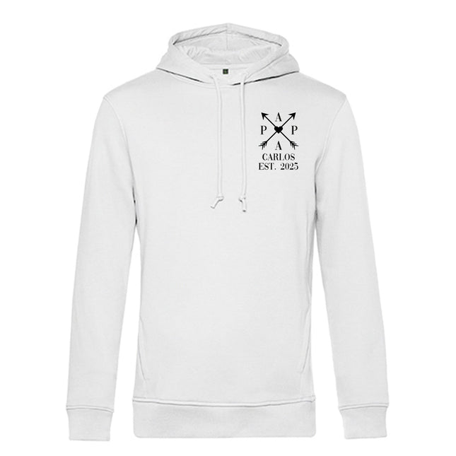 SEO. Personalisierter Hoodie für Herren - PAPA EST. Kreuzpfeile - Weiß Linkreich